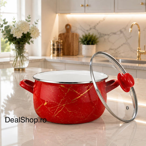 Cratiță 3.8 litri emailată Red Marble cu capac din sticlă, 20 cm inducție