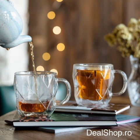 Set 2 căni din sticlă cu pereți dubli termorezistente 330 ml, model hexagonal elegant căni pentru cafea ceai și cappuccino HR410330