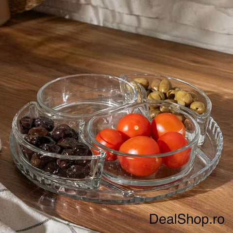 Platou Aperitiv din Sticlă Kaveh Lavin 24 cm Set 5 Piese cu 4 Compartimente pentru Snackuri Sosuri și Aperitive