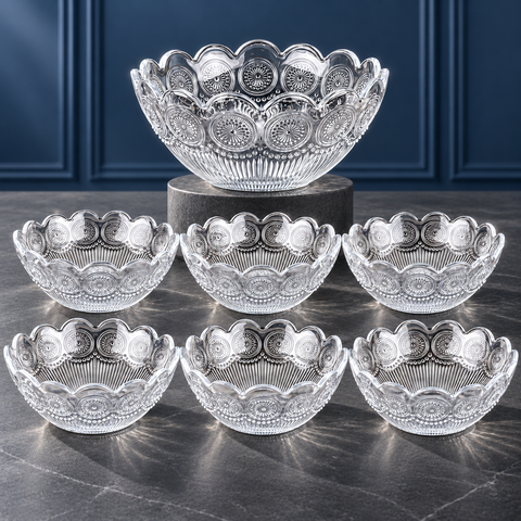 Set 7 boluri Oriental din sticlă – 1 bol de 22 cm și 6 boluri de 12 cm