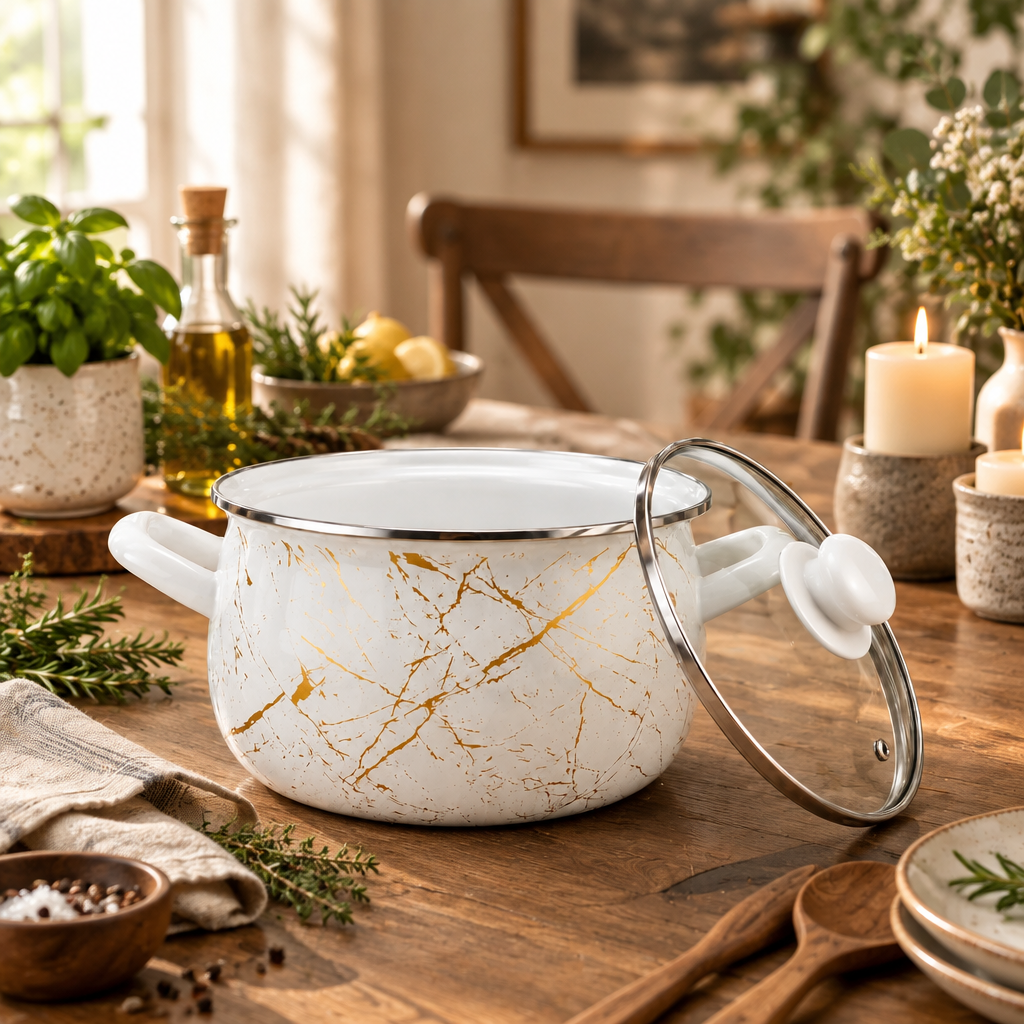 Cratiță emailată Ivory Marble cu capac din sticlă, 4,8 L, 22 cm, inducție