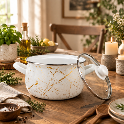 Cratiță emailată Ivory Marble cu capac din sticlă, 4,8 L, 22 cm, inducție