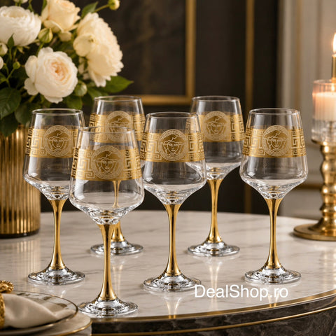 Set 6 pahare din sticlă cu picior Royalty Home 390 ml, design elegant cu detalii aurii