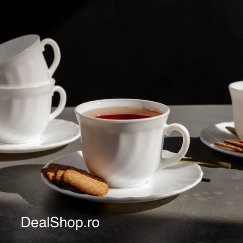 Set 6 Cești Cafea cu Farfurii 190 ml Opal Termorezistent Alb – Set 12 Piese Elegant pentru Cafea & Ceai