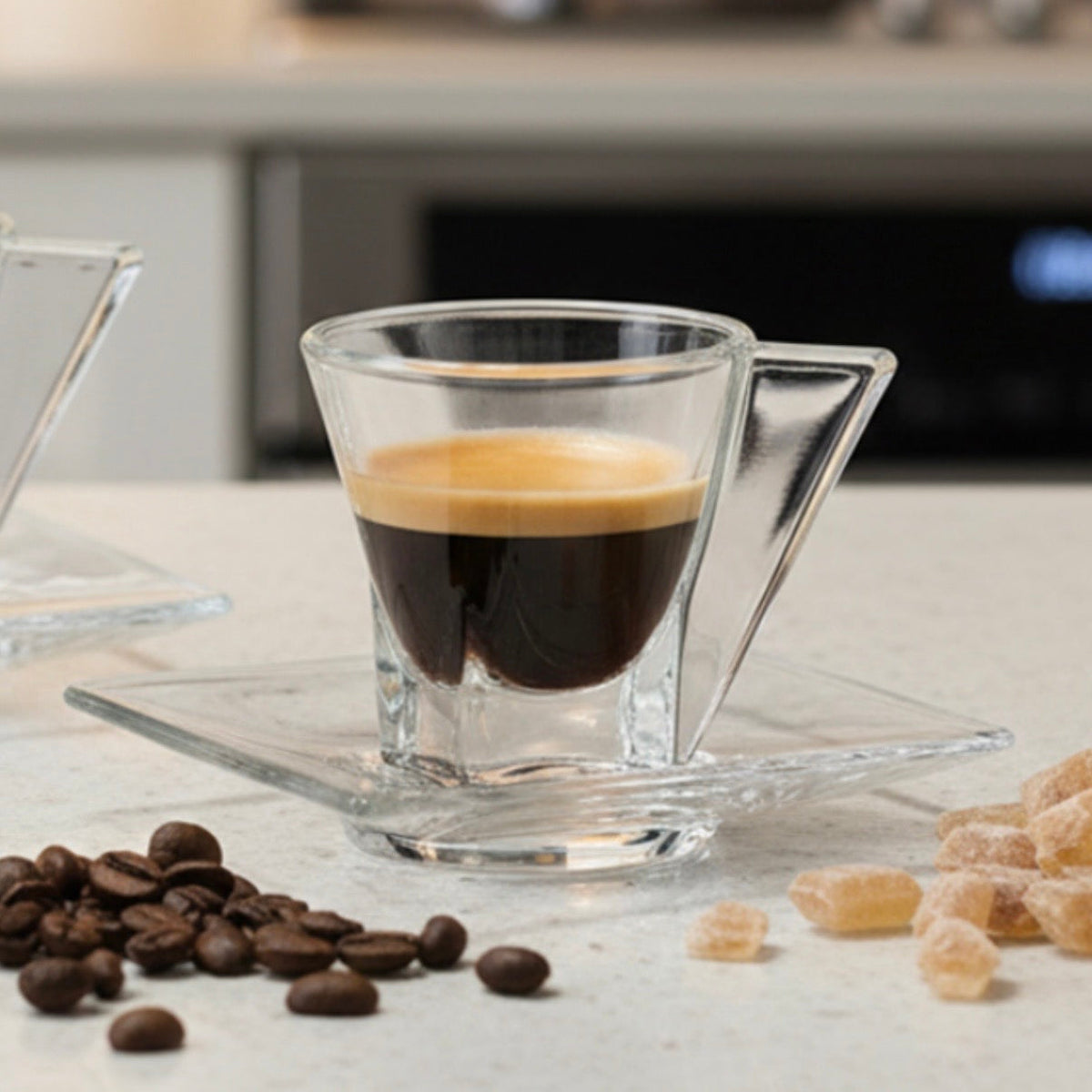 Set 6 Cești pentru Cafea din Sticlă 180 ml  Hailey cu Farfurioare Design Modern Elegant Transparent