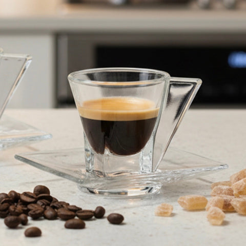 Set 6 Cești pentru Cafea din Sticlă 180 ml  Hailey cu Farfurioare Design Modern Elegant Transparent