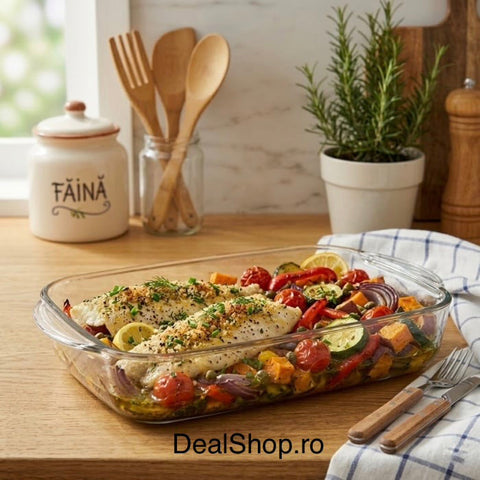 Tavă termorezistentă Yena Borcam 3850 ml, 40 x 25 x 6 cm, sticlă termorezistentă, pentru cuptor și frigider 59124