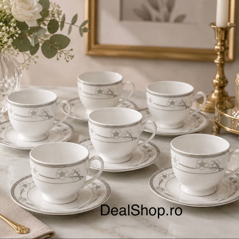 Set 6 cești cu 6 farfurioare din porțelan 200 ml, model floral gri Silver Sakura
