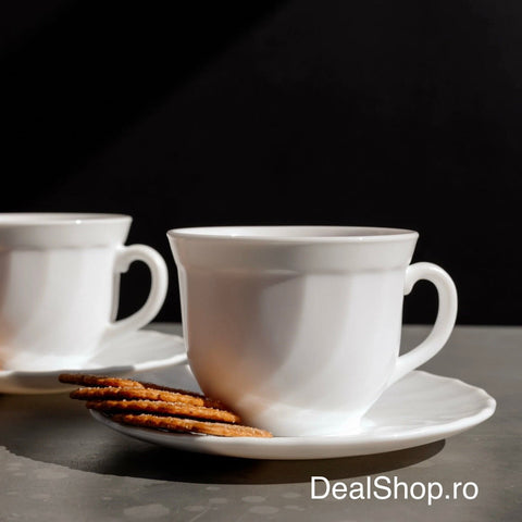 Set 6 Cești Cafea cu Farfurii 190 ml Opal Termorezistent Alb – Set 12 Piese Elegant pentru Cafea & Ceai