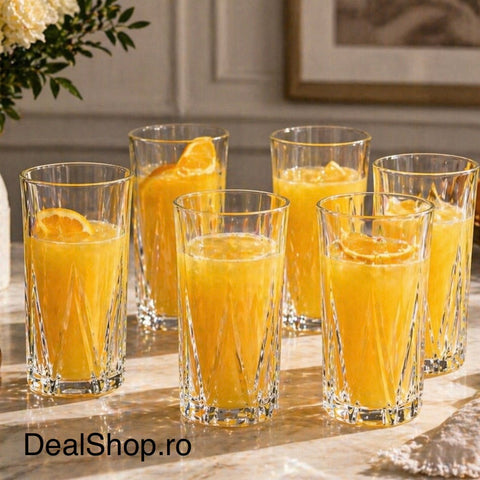 Set 6 pahare înalte sticlă 370 ml Zoe377 pahare apă suc, design elegant cu model geometric sticlă rezistentă