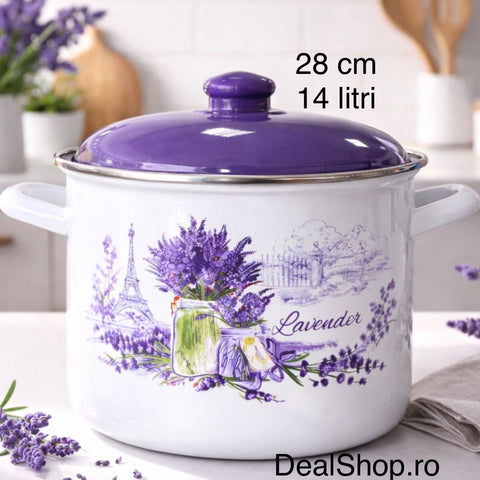 Oala 14 litri 28 cm Emailata cu Capac – Model Lavanda Mov – Oală Mare pentru Sarmale Supă și Gatit în Cantități Mari
