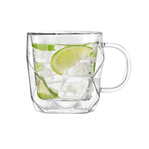 Set 2 căni din sticlă cu pereți dubli termorezistente 330 ml, model hexagonal elegant căni pentru cafea ceai și cappuccino HR410330