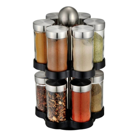 Suport rotativ condimente 12 recipiente sticlă 100 ml set organizator bucătărie cu suport solid și finisaje metalice Brio Metallica