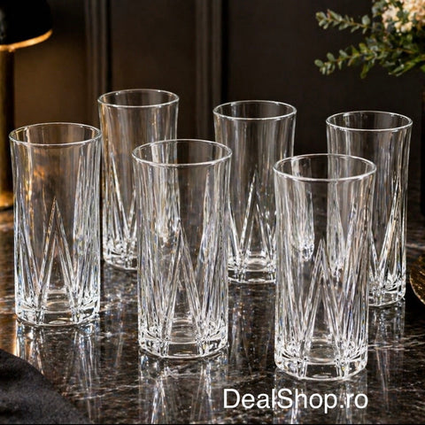 Set 6 pahare înalte sticlă 370 ml Zoe377 pahare apă suc, design elegant cu model geometric sticlă rezistentă