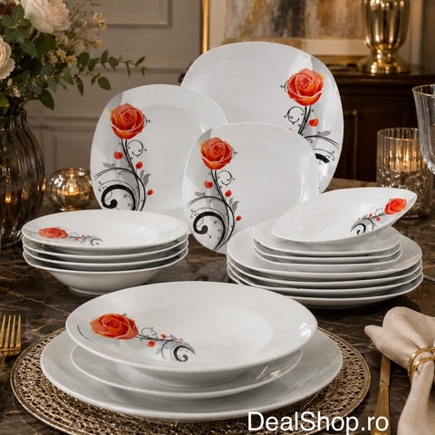 Serviciu de masă din porțelan 18 piese, Model Trandafir Orange, set farfurii pentru 6 persoane 3141