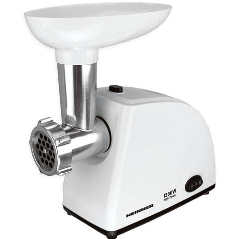 Masina de tocat Heinner MG-W1200R, 1360W, 1.5 kg/min, accesoriu rosii, accesoriu carnati, cutit inox, 3 site taiere