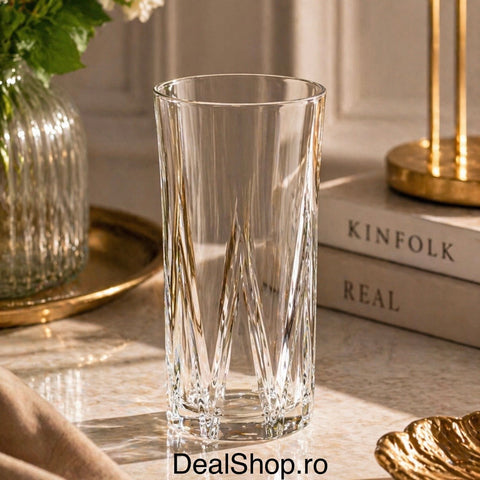Set 6 pahare înalte sticlă 370 ml Zoe377 pahare apă suc, design elegant cu model geometric sticlă rezistentă