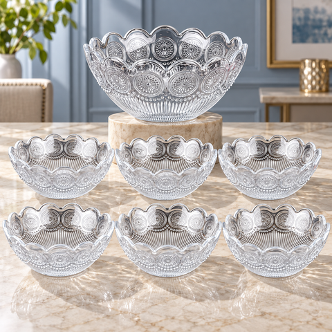 Set 7 boluri Oriental din sticlă – 1 bol de 22 cm și 6 boluri de 12 cm