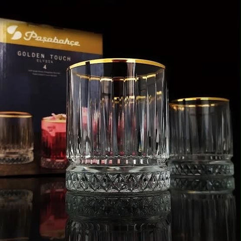 Set 4 pahare Elysia Gold din sticla 355 ml cu margine aurie