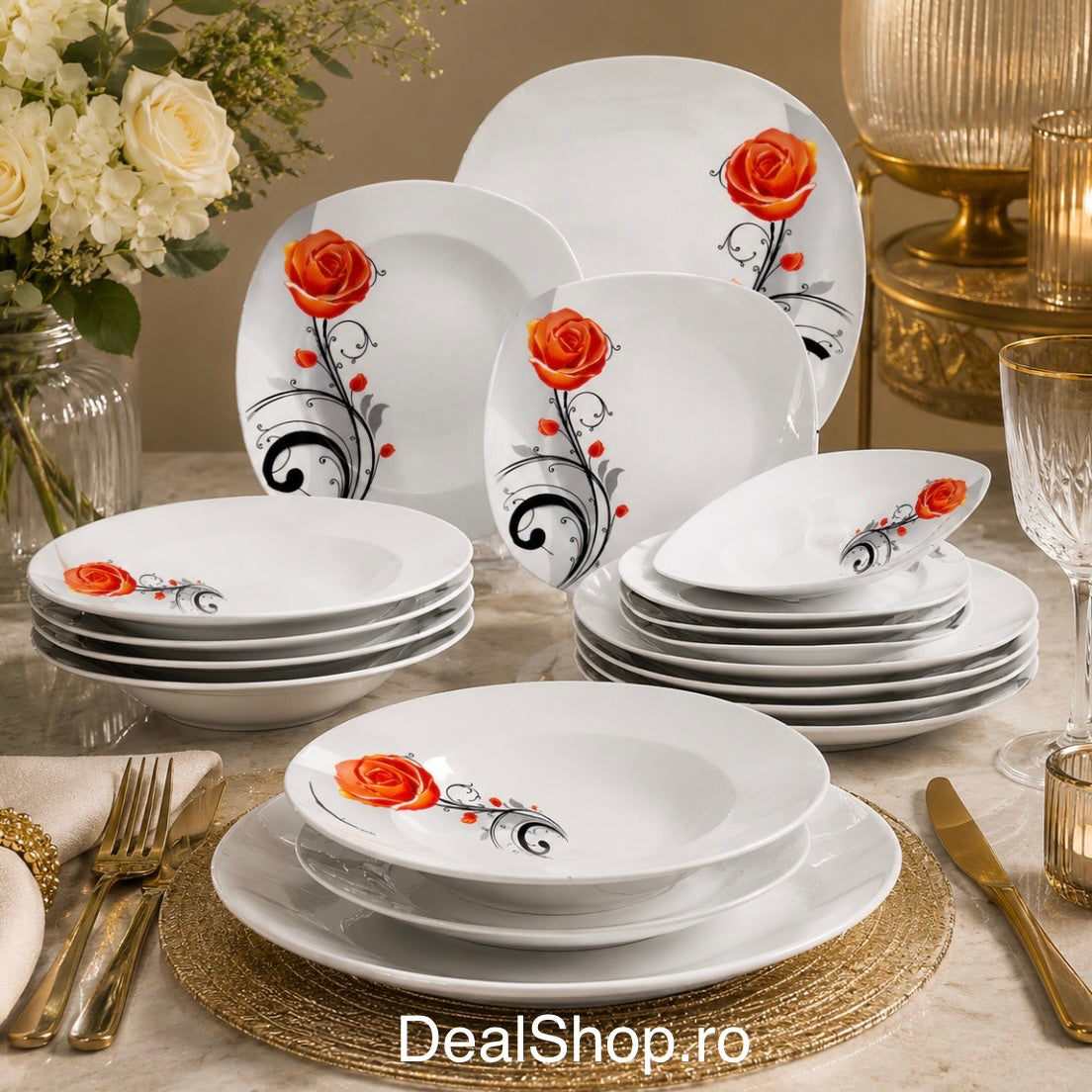 Serviciu de masă din porțelan 18 piese, Model Trandafir Orange, set farfurii pentru 6 persoane 3141