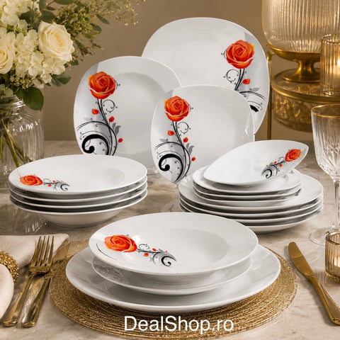 Serviciu de masă din porțelan 18 piese, Model Trandafir Orange, set farfurii pentru 6 persoane 3141