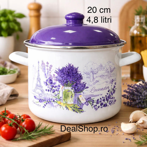Oala emailată 20 cm, 4,8 Litri cu Capac – Model Lavandă Mov – Oală Înalta pt Supa Ciorbă și Tocănita
