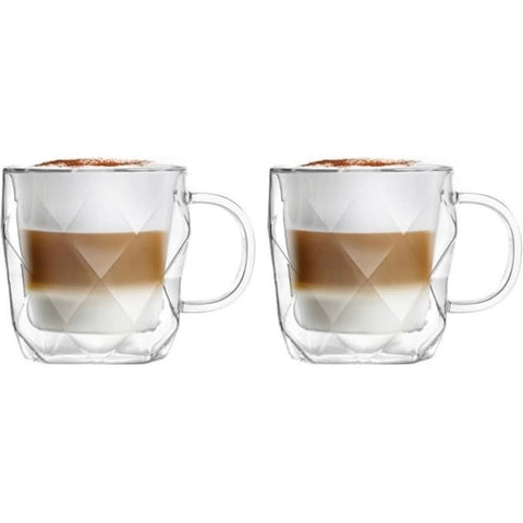 Set 2 căni din sticlă cu pereți dubli termorezistente 330 ml, model hexagonal elegant căni pentru cafea ceai și cappuccino HR410330