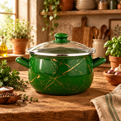 Cratiță 6.2 litri emailată Green cu capac din sticlă 24 cm