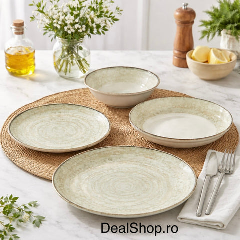 Serviciu de masa 24 piese porțelan „Nordic” – set farfurii și boluri pentru 6 persoane Design Modern Texturat 095