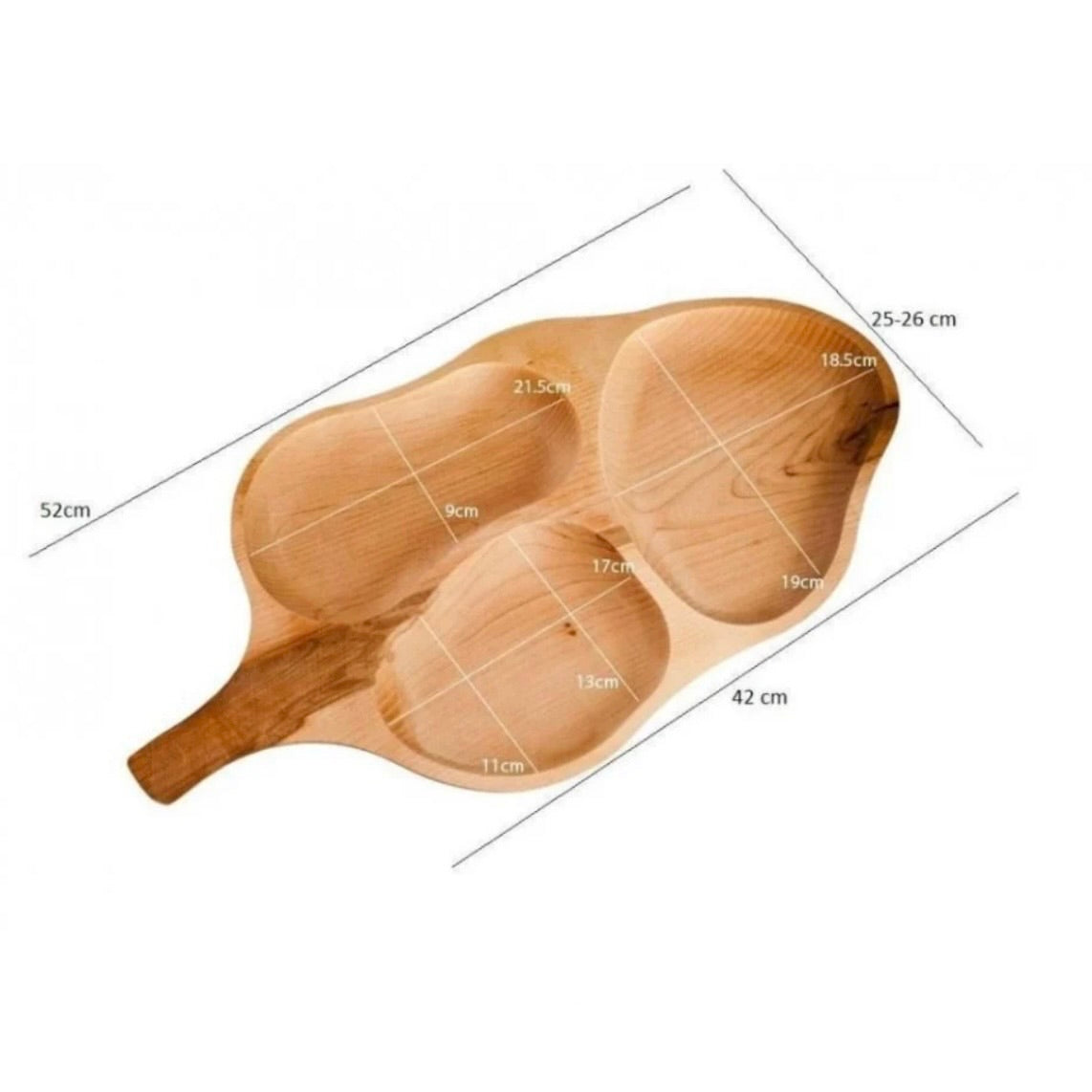 Platou compartimentat din lemn de arin, model Frunză, 52 x 26 cm, tavă servire aperitive gustări și snacksuri