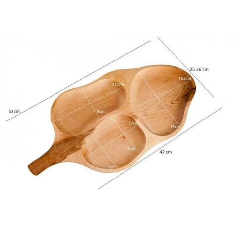 Platou compartimentat din lemn de arin, model Frunză, 52 x 26 cm, tavă servire aperitive gustări și snacksuri