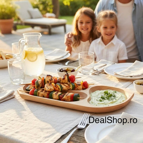 Platou din lemn compartimentat pentru servire 43 x 22,5 cm – tavă aperitive 3 compartimente lemn natural, snack & gustări 2542