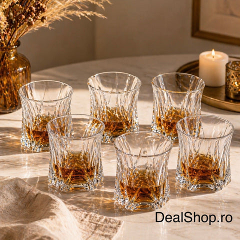 Set 6 pahare sticlă 300 ml, Zoe357, model geometric cu bază groasă, pahare whisky  apă elegante