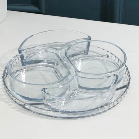 Platou Aperitiv din Sticlă Kaveh Lavin 24 cm Set 5 Piese cu 4 Compartimente pentru Snackuri Sosuri și Aperitive