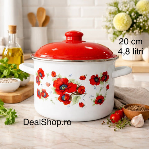 Oala 4.8 litri Emailata cu Capac 20 cm  Model Maci Roșii – Oală Mare pentru Gătit, Design Floral Emailată Interior-Exterior