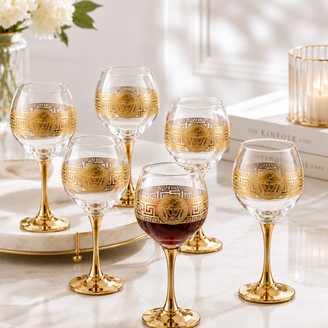 Set 6 pahare din sticla 285 ml Royalty Home cu decor auriu cu picior auriu – pahare elegante pentru vin roșu și alb