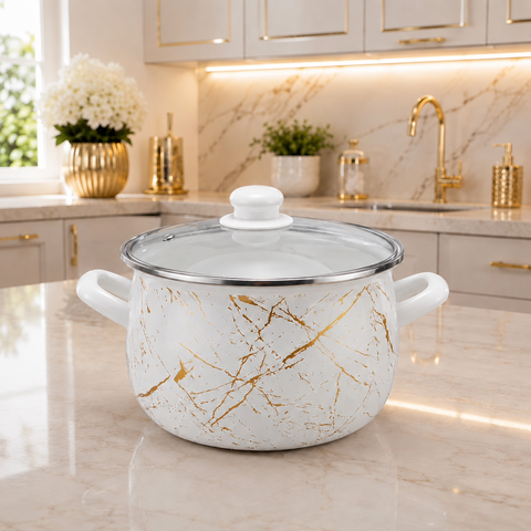 Cratiță emailată Ivory Marble cu capac din sticlă, 4,8 L, 22 cm, inducție