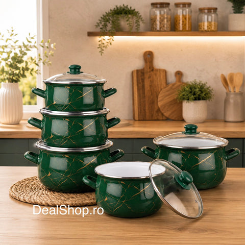 Set 5 cratițe emailate Green Marble cu capace din sticlă 10 piese, compatibile cu inducție 2.1L, 2.8L, 3.8L, 4.8L și 6.2L
