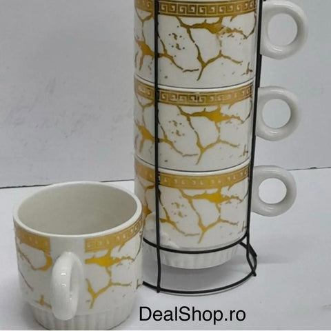 Set 4 cești ceramică 250 ml marmură albă cu auriu suport metalic CADOUL PERFECT