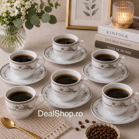 Set 6 cești cu 6 farfurioare din porțelan 200 ml, model floral gri Silver Sakura