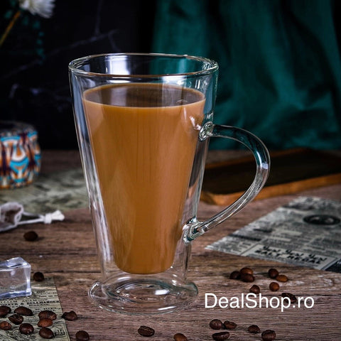 Set 2 cani din sticlă cu pereți dubli 400 ml, termorezistentă pentru cafea latte cappuccino și ceai 310400