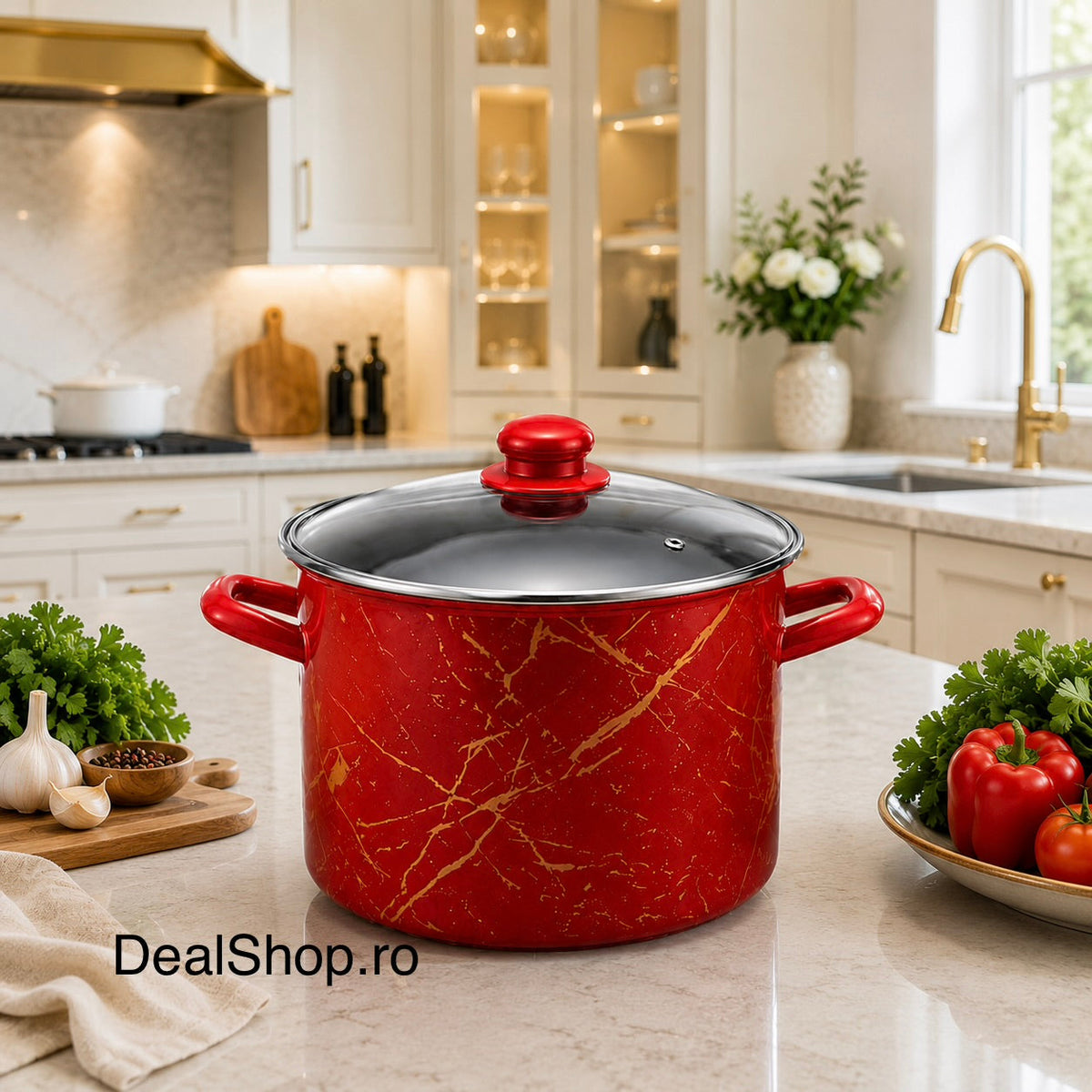 Oală emailată 6,2 litri cu capac din sticlă model Red Marble 22 cm, roșie pt toate tipurile de plite
