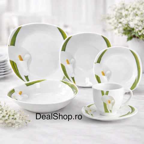Serviciu de masă din porțelan 31 piese pentru 6 persoane, set farfurii și cești cafea 180 ml model Cală 173-7
