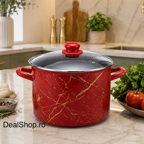 Oală emailată 4,8 litri cu capac din sticlă, model Red Marble, 20 cm, roșie, pt toate tipurile de plite