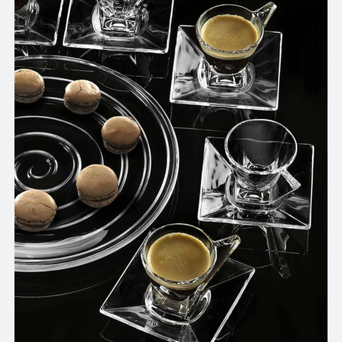 Set 6 Cești pentru Cafea din Sticlă 180 ml  Hailey cu Farfurioare Design Modern Elegant Transparent