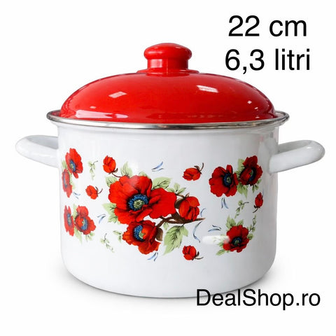 Oala Emailată cu Capac 22 cm, 6.3 litri Model Maci Roșii – Oală Mare pentru Supe și Ciorbe Emailată Interior-Exterior