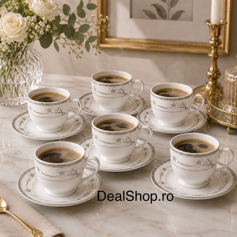 Set 6 cești cu 6 farfurioare din porțelan 200 ml, model floral gri Silver Sakura
