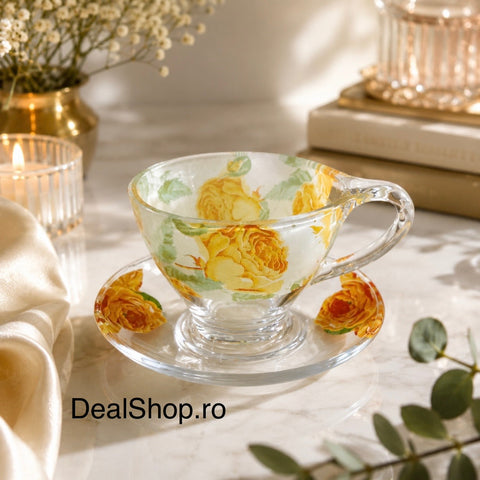 Set 6 cești cu 6 farfurioare din sticlă Galaxy Floral, 200 ml – set elegant pentru cafea și ceai