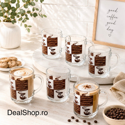 Set 6 cești din sticlă Daily Glass Cappuccino 250 ml – căni cafea cappuccino și latte design elegant