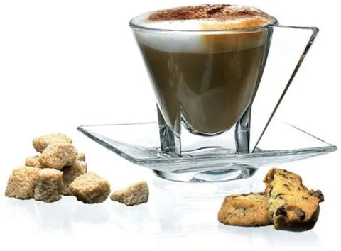 Set 6 Cești pentru Cafea din Sticlă 180 ml  Hailey cu Farfurioare Design Modern Elegant Transparent